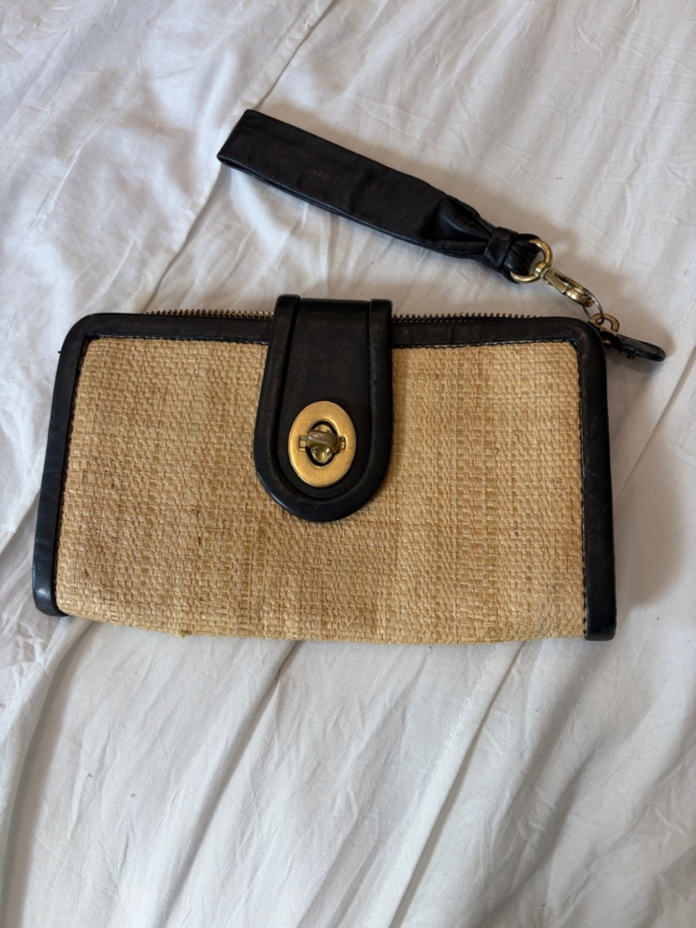 Woven Straw Wristlet Clutch with Black Trim Coach